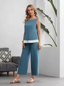 EMERY ROSE Contrast Hem Tank Top And Trousers Set - Dusty Blue - View 3