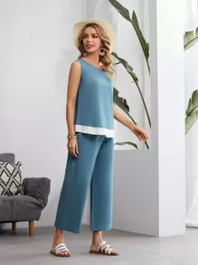EMERY ROSE Contrast Hem Tank Top And Trousers Set - Dusty Blue - View 4