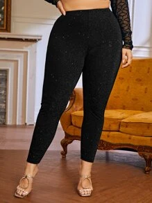 SHEIN BAE 大碼金屬亮絲短款緊身打底褲 - 黑色 - 查看 1