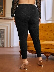 SHEIN BAE 大碼金屬亮絲短款緊身打底褲 - 黑色 - 查看 2