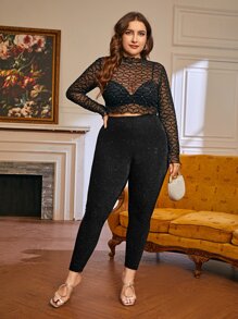 SHEIN BAE 大碼金屬亮絲短款緊身打底褲 - 黑色 - 查看 3