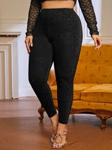 SHEIN BAE 大碼金屬亮絲短款緊身打底褲 - 黑色 - 查看 4