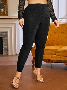 SHEIN BAE 大碼金屬亮絲短款緊身打底褲 - 黑色 - 查看 5