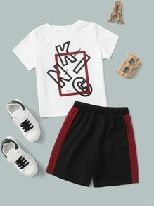 SHEIN Bộ thời trang bé trai Sọc bên Khối Màu Lá thư Thể thao - Đen và trắng - Xem 1