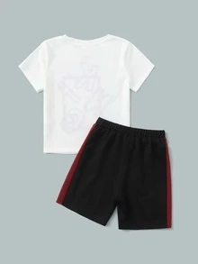 SHEIN Bộ thời trang bé trai Sọc bên Khối Màu Lá thư Thể thao - Đen và trắng - Xem 2