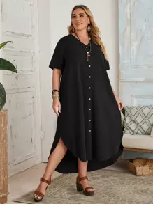 SHEIN LUNE Plus Single Breasted Curved Hem Dress - Black - View 1