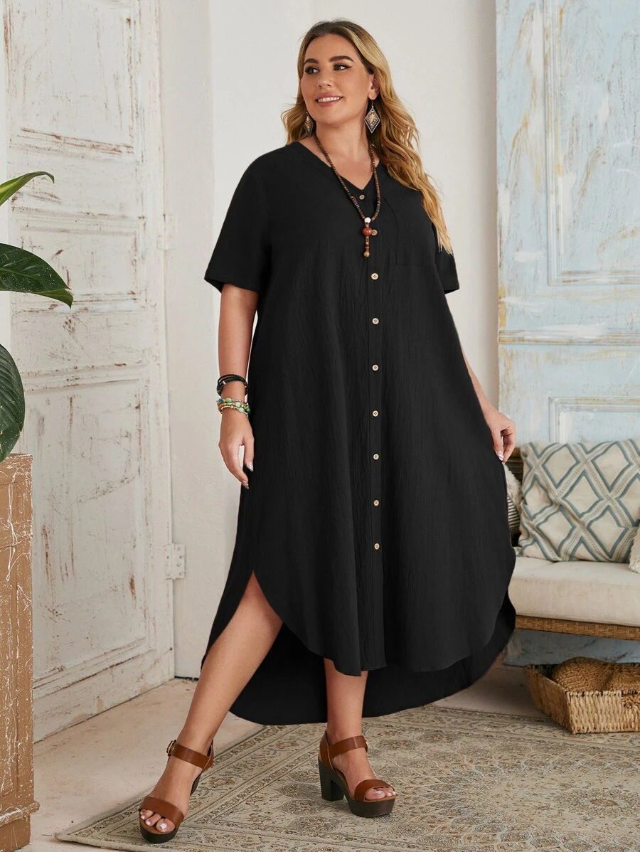 SHEIN LUNE Plus Single Breasted Curved Hem Dress - Black - View 1