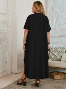 SHEIN LUNE Plus Single Breasted Curved Hem Dress - Black - View 2