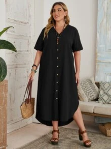 SHEIN LUNE Plus Single Breasted Curved Hem Dress - Black - View 3