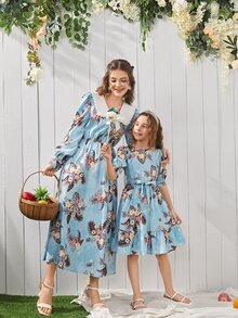 SHEIN 女孩1入組花卉圖案泡泡袖繫腰帶連衣裙 - 彩色 - 查看 2