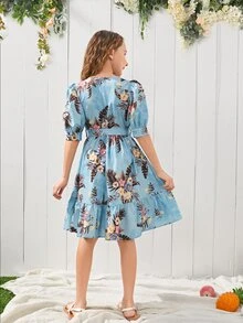 SHEIN 女孩1入組花卉圖案泡泡袖繫腰帶連衣裙 - 彩色 - 查看 3
