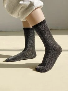 Women Solid Color Glitter Crew Socks - Black - View 1