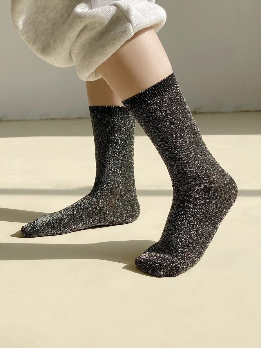 Women Solid Color Glitter Crew Socks - Black - View 1