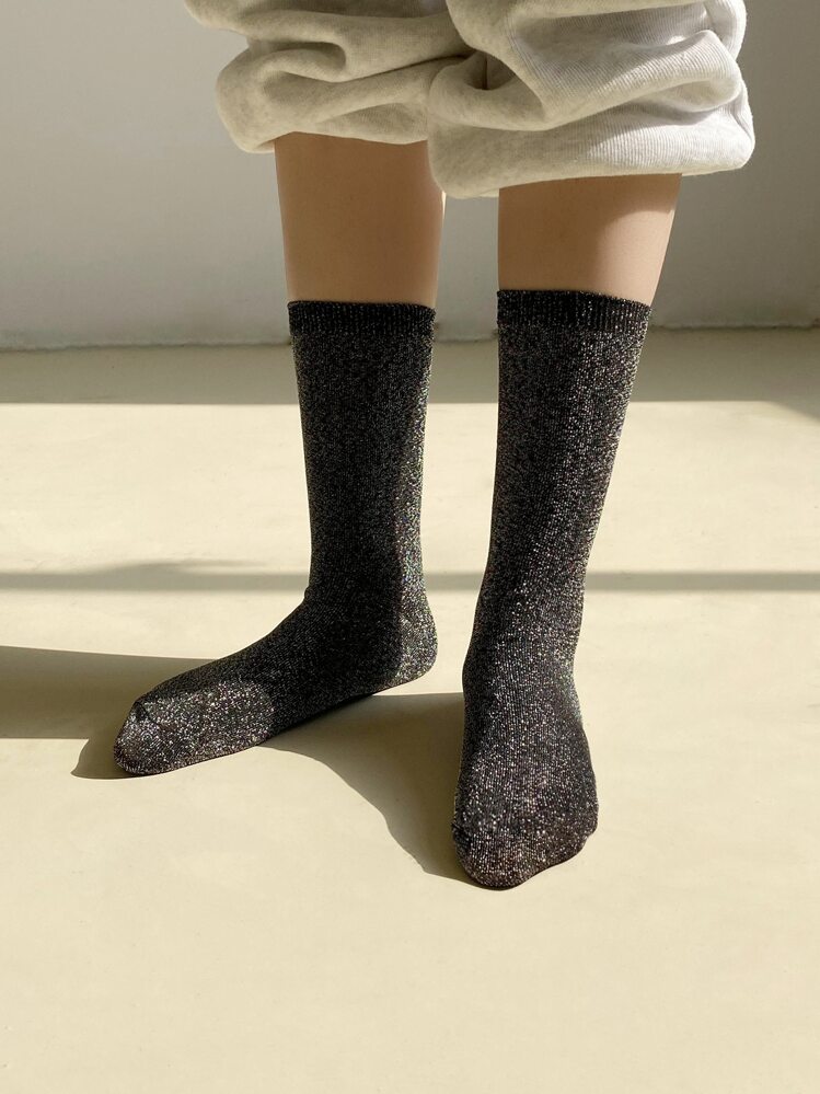Women Solid Color Glitter Crew Socks - Black - View 2