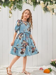 SHEIN 女孩1入組花卉圖案泡泡袖繫腰帶連衣裙 - 彩色 - 查看 5
