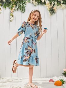 SHEIN 女孩1入組花卉圖案泡泡袖繫腰帶連衣裙 - 彩色 - 查看 6