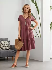 EMERY ROSE Đầm Viên lá sen màu trơn Giải trí - Gỗ đỏ - Xem 1