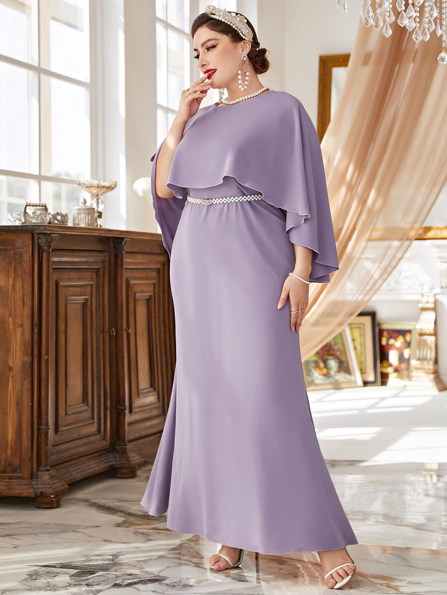 大碼斗篷袖腰帶長連衣裙 - 淡紫色 - 查看 1