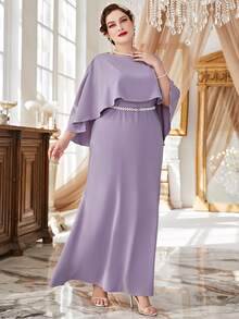 大碼斗篷袖腰帶長連衣裙 - 淡紫色 - 查看 3