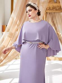 大碼斗篷袖腰帶長連衣裙 - 淡紫色 - 查看 4