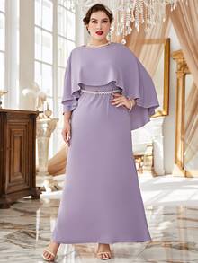 大碼斗篷袖腰帶長連衣裙 - 淡紫色 - 查看 5