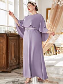 大碼斗篷袖腰帶長連衣裙 - 淡紫色 - 查看 6