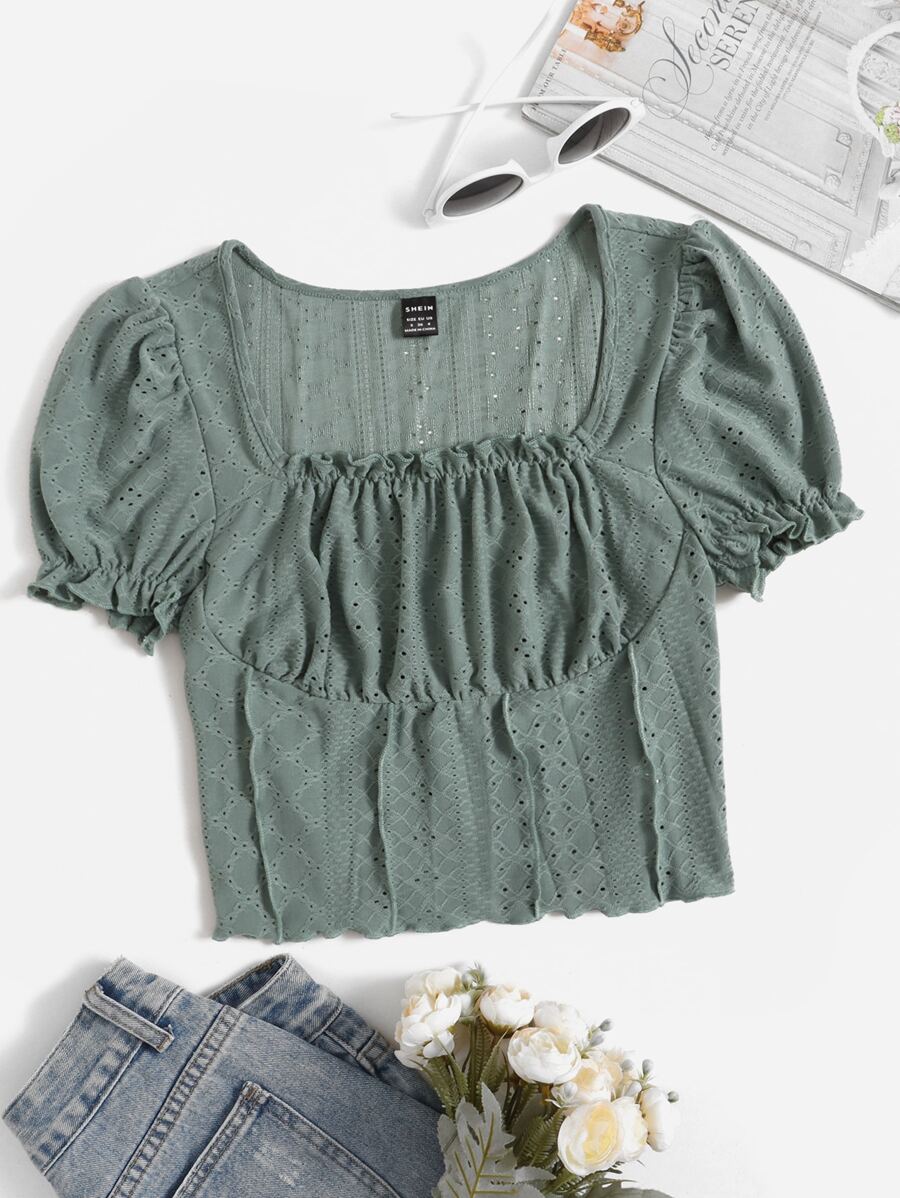 Soleia Square Neck Ruched Bust Lettuce Trim Crop Tee - Mint Green - View 1