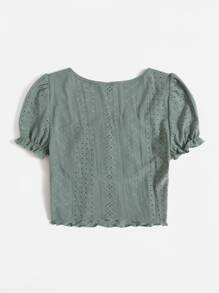 Soleia Square Neck Ruched Bust Lettuce Trim Crop Tee - Mint Green - View 2