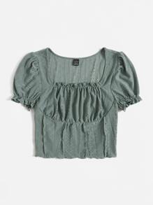 Soleia Square Neck Ruched Bust Lettuce Trim Crop Tee - Mint Green - View 3