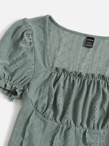 Soleia Square Neck Ruched Bust Lettuce Trim Crop Tee - Mint Green - View 4