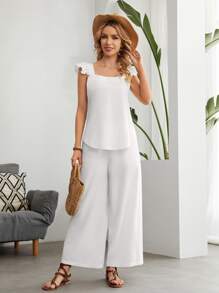 EMERY ROSE 素色蝴蝶袖上衣和褲子套裝 - 白色 - 查看 1