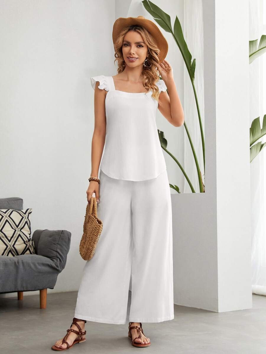 EMERY ROSE 素色蝴蝶袖上衣和褲子套裝 - 白色 - 查看 1