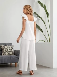 EMERY ROSE 素色蝴蝶袖上衣和褲子套裝 - 白色 - 查看 2