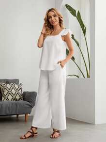 EMERY ROSE 素色蝴蝶袖上衣和褲子套裝 - 白色 - 查看 3