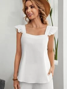 EMERY ROSE 素色蝴蝶袖上衣和褲子套裝 - 白色 - 查看 4