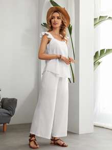 EMERY ROSE 素色蝴蝶袖上衣和褲子套裝 - 白色 - 查看 5