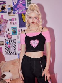 Sweetness 假兩件字母愛心圖案短款T恤 - 彩色 - 查看 1