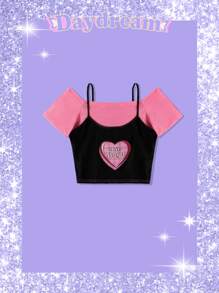 Sweetness 假兩件字母愛心圖案短款T恤 - 彩色 - 查看 2