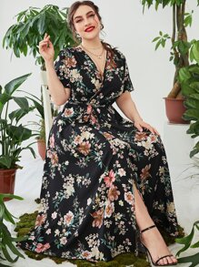 Mulvari Plus Floral Print Overlap Collar Belted Dress, Summer - Multicolor - View 1