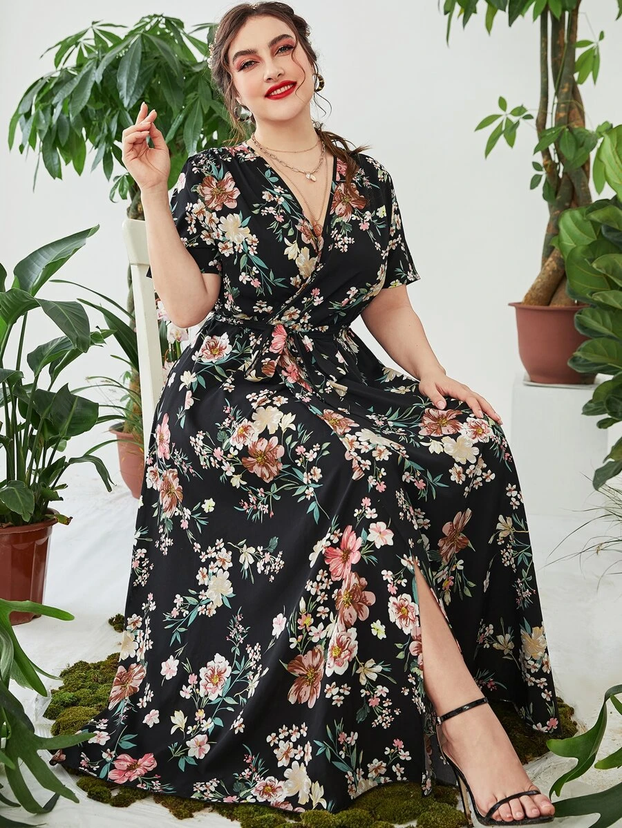 Mulvari Plus Floral Print Overlap Collar Belted Dress, Summer - Multicolor - View 1