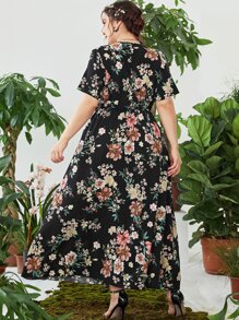 Mulvari Plus Floral Print Overlap Collar Belted Dress, Summer - Multicolor - View 2