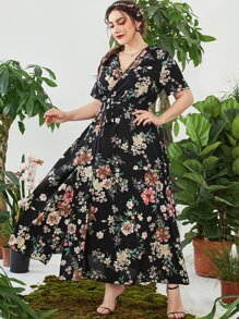Mulvari Plus Floral Print Overlap Collar Belted Dress, Summer - Multicolor - View 3