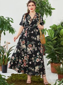 Mulvari Plus Floral Print Overlap Collar Belted Dress, Summer - Multicolor - View 4