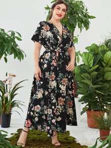 Mulvari Plus Floral Print Overlap Collar Belted Dress, Summer - Multicolor - View 5
