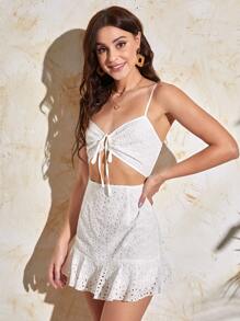 SHEIN VCAY Mono con abertura con cordón delantero bajo con fruncido - Blanco - Ver 5