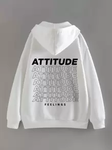 字母圖案袋鼠口袋抽繩保暖連帽衫 - 白色 - 查看 1