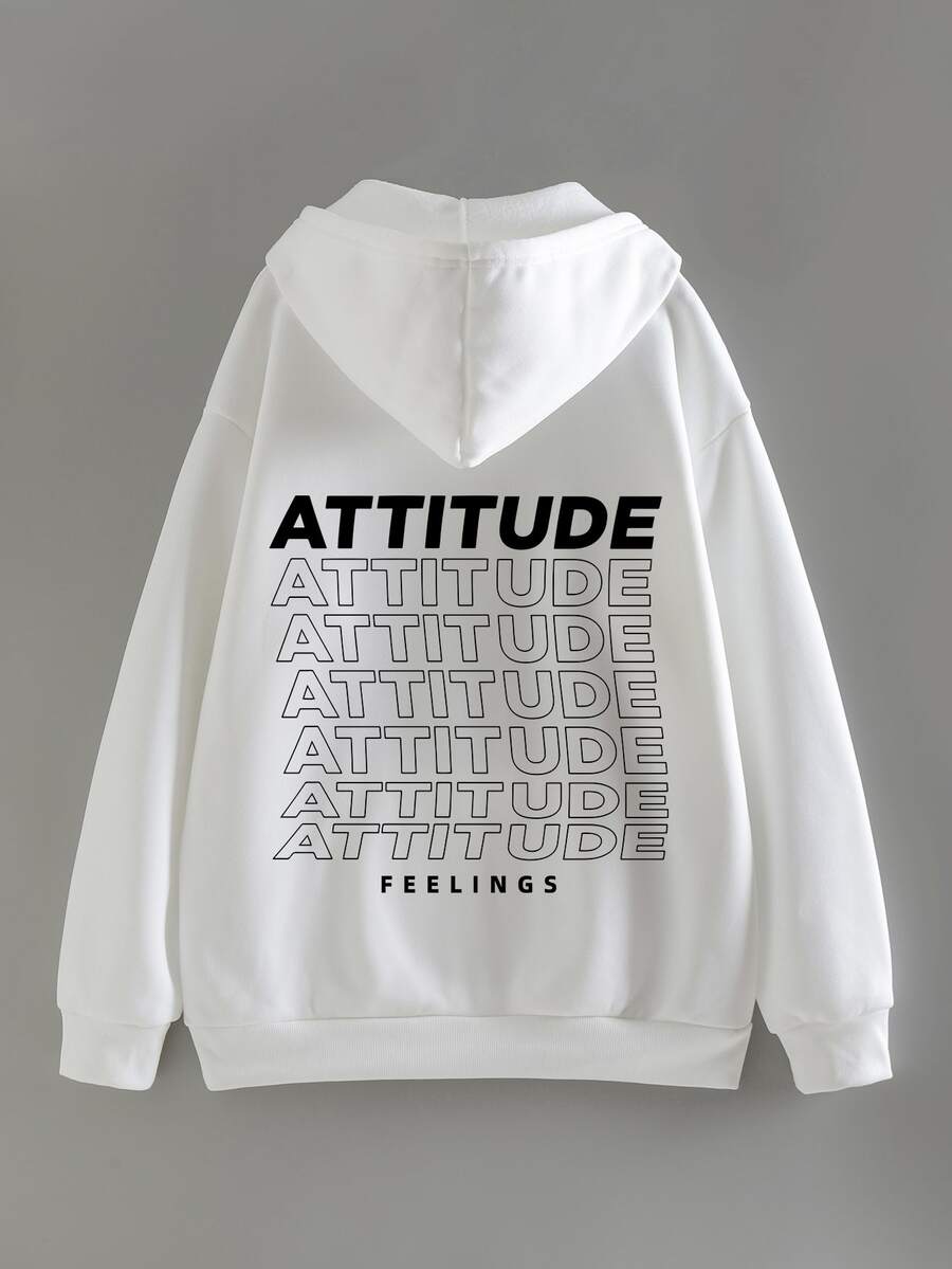 字母圖案袋鼠口袋抽繩保暖連帽衫 - 白色 - 查看 1