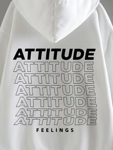 字母圖案袋鼠口袋抽繩保暖連帽衫 - 白色 - 查看 5