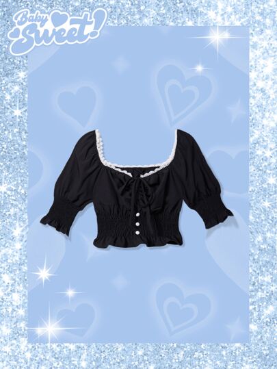 ROMWE レーストリム ネクタイフロント シール ブラウス