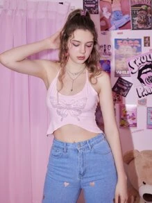 Sweetness Butterfly Rhinestone Halter Crop Top - Baby Pink - View 3